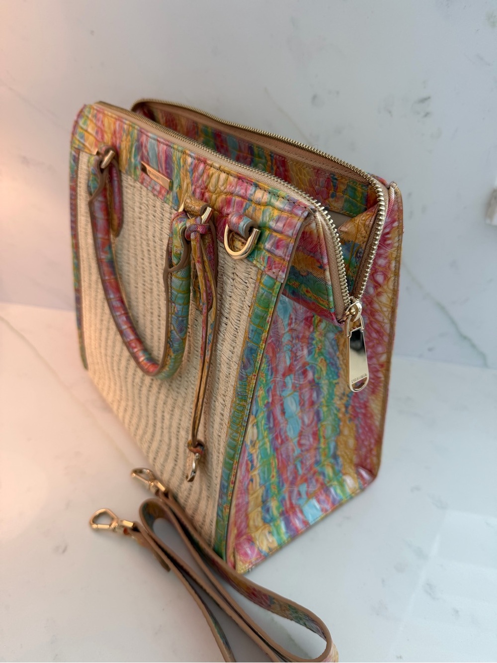 Brahmin Caroline Woven Straw Tote with Marbled Multicolor Croc-Embossed Trim